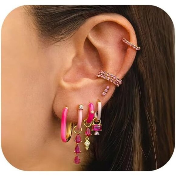 7Pcs  Pink Gold Hoop Multiple Piercing Hypoallergenic Hoop Earrings for Women - Picture 1 of 6